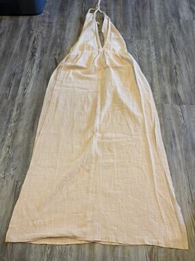 Women’s Halter Maxi Dress Peach Gauze Textured Open Back Boho Beach Cover Up